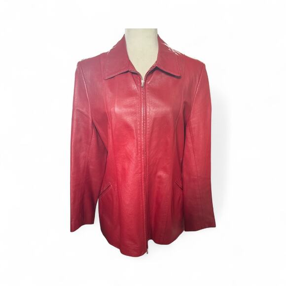 Athos Italian Red Leather Jacket Women Size 44, US Size 8 - Picture 4 of 9
